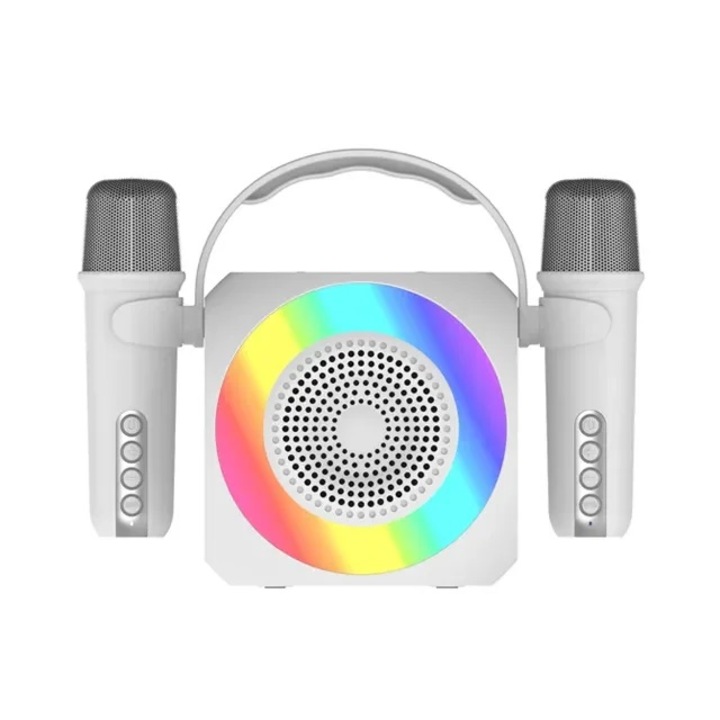 Intelligens hordozható hangszórórendszer 2 újratölthető karaoke mikrofonnal, Smart Station, Hangszóró, Bluetooth, Vezeték nélküli, ideális partikhoz, színes RGB Led lámpák, MP3 lejátszó, USB port, microSD kártya, 10 W, fehér