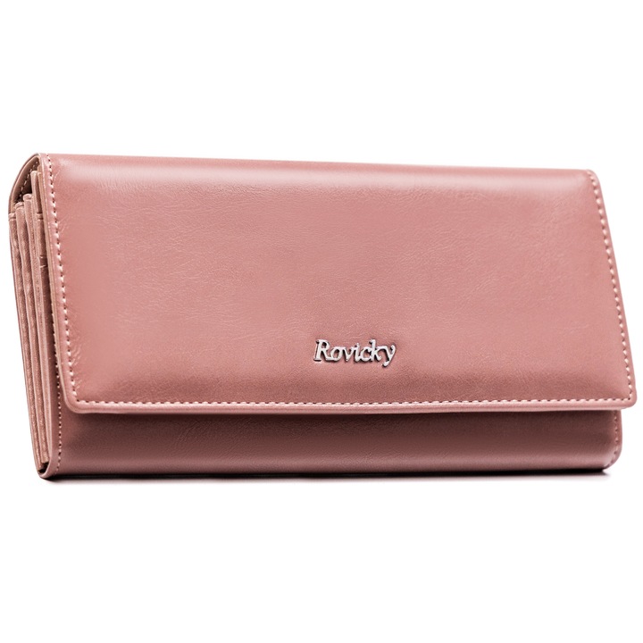 Portofel femei, Rovicky, piele naturala/piele ecologica, Protectie RFID, 9.5x19 cm, Roz