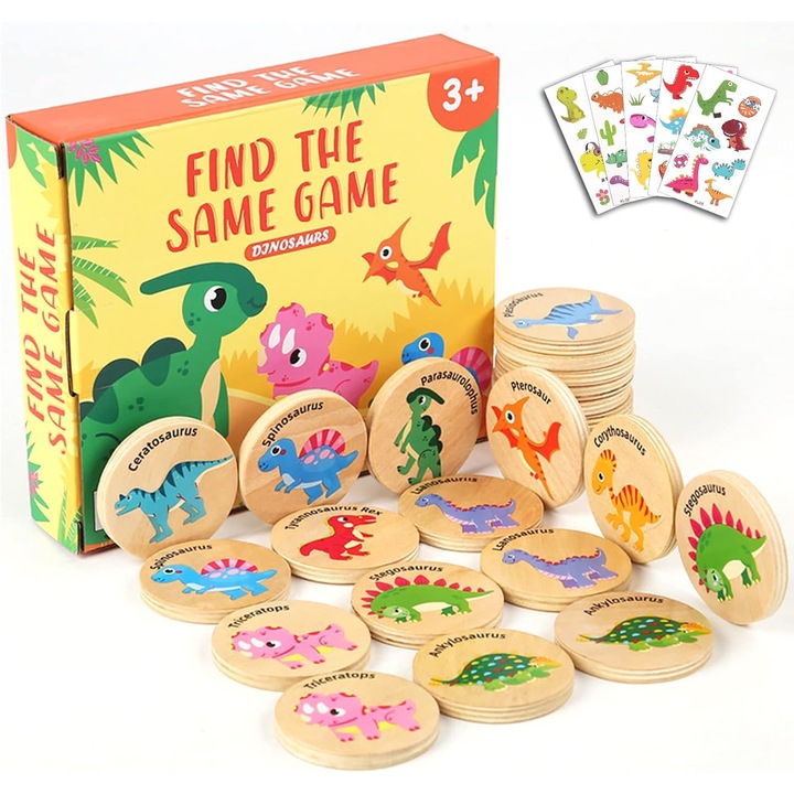 BoYata Образователна игра за съпоставяне на паметта за деца, 24 карти за съвпадение на динозаври с 5 части стикери за татуировки, дървени, устойчиви на надраскване, вода