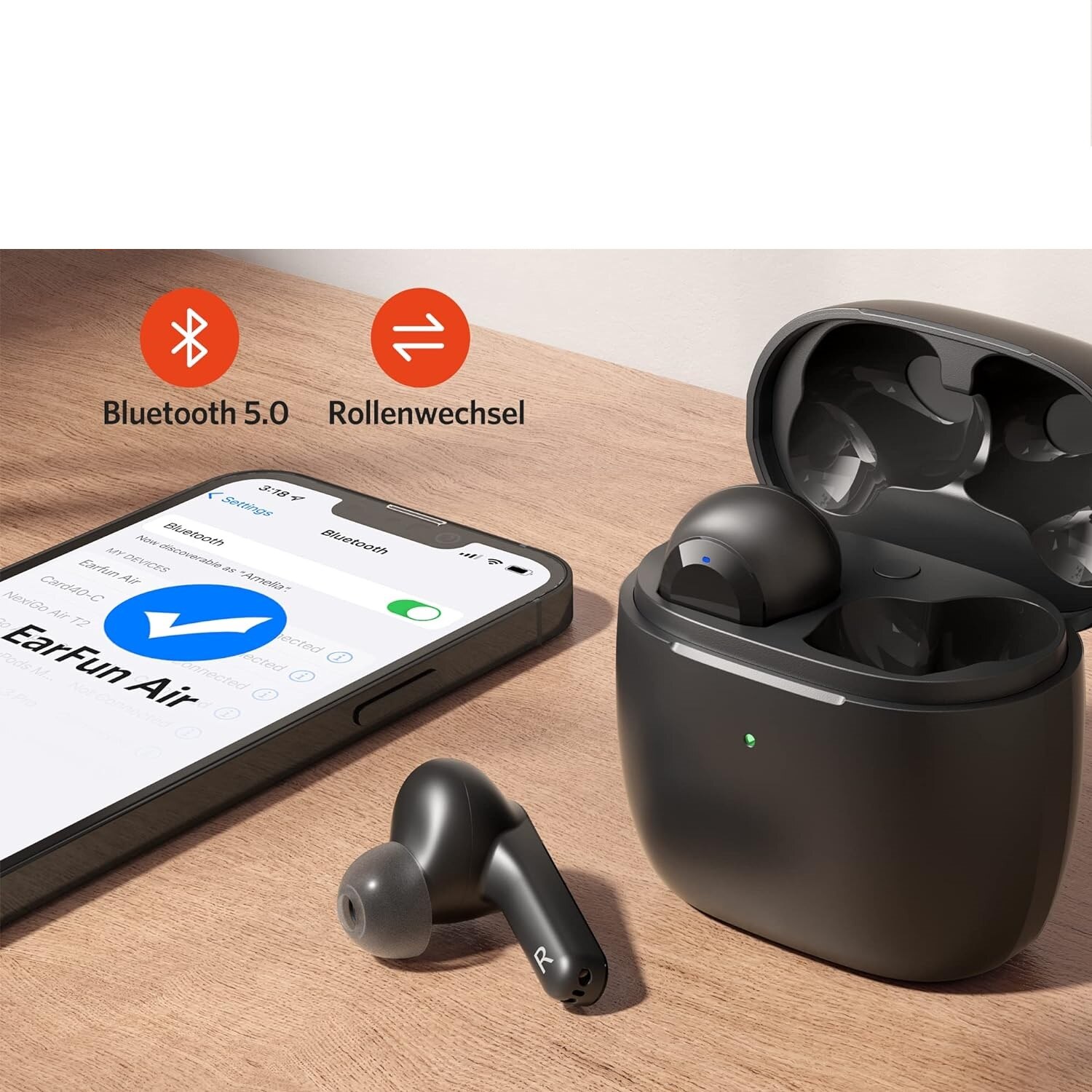 Casti Bluetooth EarFun Air, in ureche, fara fir cu microfon cu anulare ...