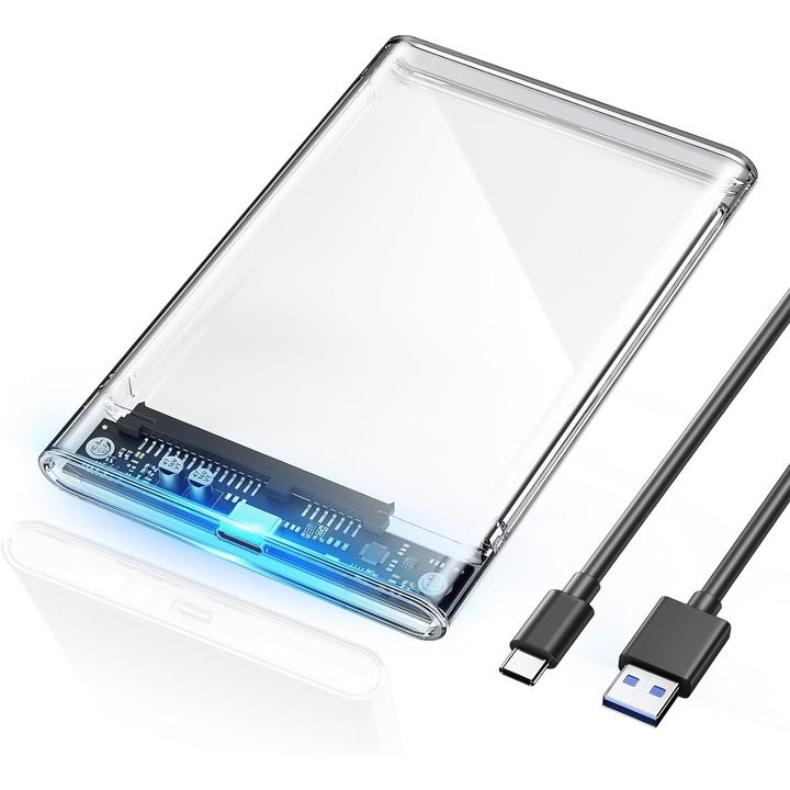 Carcasa hard disk HDD/SSD extern 2.5 inch, JENUOS®, USB 3.1, Viteza transmisie pana la 6 GB/s, Hibernare inteligenta, Indicator LED, Transparent
