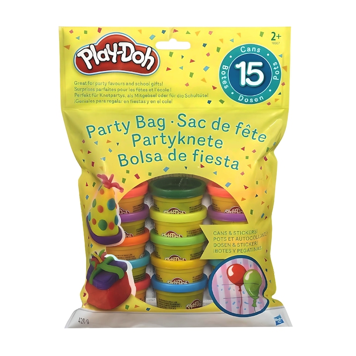 Plastilina moale pentru copii, Play Doh Party Bag, 15 mini cutii culori asortate, non-toxic, cu stickere incluse