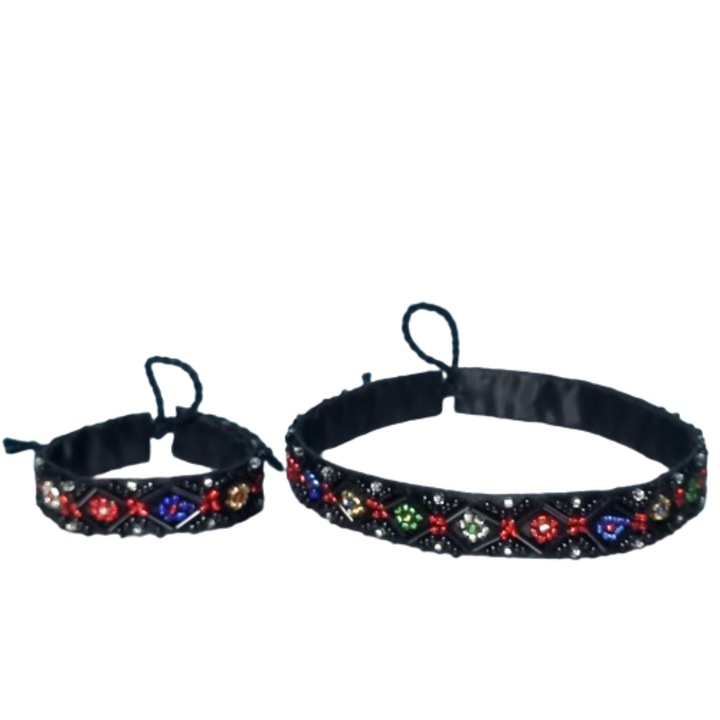 Set zgardana si bratara, cusut cu margele, negru cu multicolor lucios