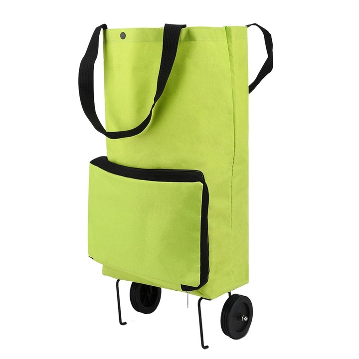 Összecsukható bevásárlótáska, BOMSTOM, kerekekkel, állítható méretű, 30x16x60 cm, zöld