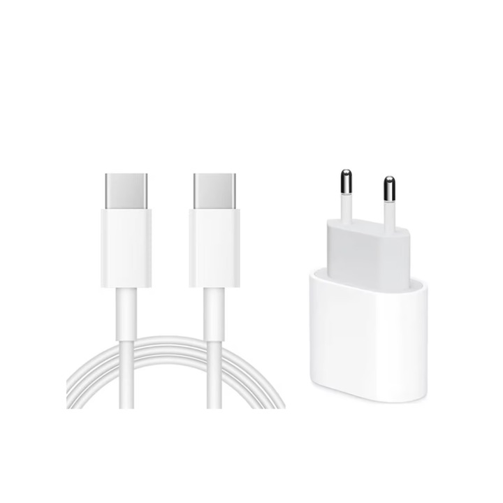 Set Incarcator USB-C 20W Fast Charger si Cablu USB-C to C, Compatibil cu iPhone 15,15pro, 15promax, iPad Pro 2020