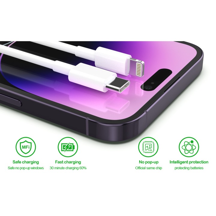 Gyorstöltő 20 W-os töltőkészlet és Fast Charge 1M Type-C-Lightning adatkábel, quandes®, kompatibilis az Apple iPhone 14 Pro / 14 Pro Max / 13 Pro Max / 12 / 12 Pro / 12 Pro Max készülékekkel