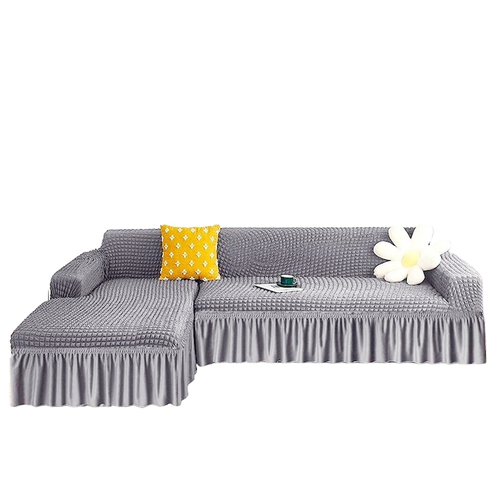 Husa Universala Premium Pentru Coltar Creponata Cu Volane, Gri Deschis 300 cm –500 cm