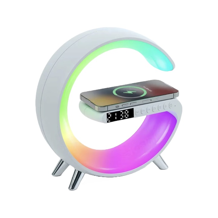 WaltStore többfunkciós intelligens LED lámpa, RGB, gyorstöltő 15 W vezeték nélküli töltő, Bluetooth hangszóró, környezeti világítás, ébresztőóra, univerzális kompatibilitás, fehér