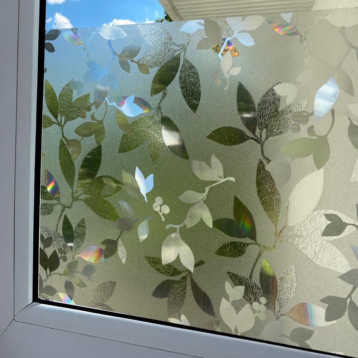 Folie statica de confidentialitate pentru ferestre, 45 x 50 cm, DecoMeister®, Model Frunze Ornamentale 3D, G060-045-0050