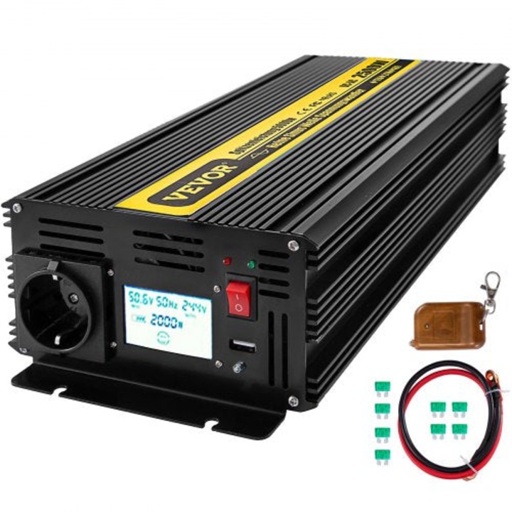 Invertor auto 2500W, cu unda sinusoidala pura, tensiune de iesire 230V, Afisaj electronic LCD si control prin telecomanda
