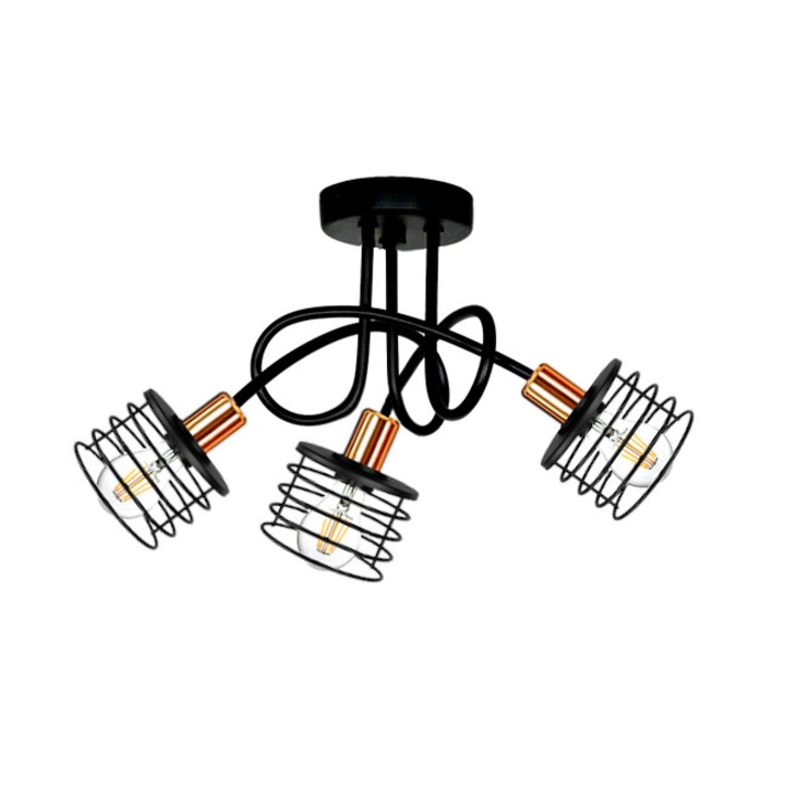 Plafoniera cu 3 surse de lumina, Komat, Metal, 3xE27, Negru/Maro, 55x35cm