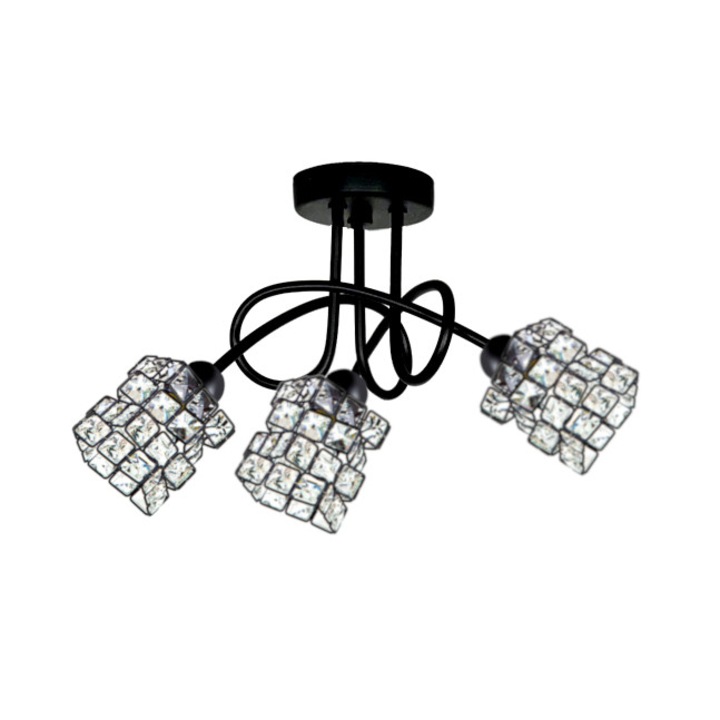 Plafoniera, Model cristale, Komat, Metal, 3 surse lumina, Negru
