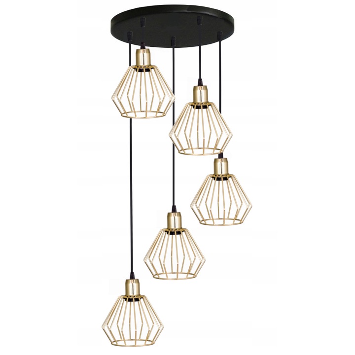 Lustra cu 5 surse de lumina, Komat, Metal, E27.5, Negru/Auriu