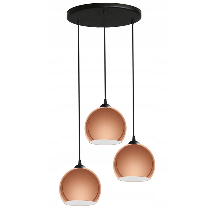 Pendul cu 3 surse lumina, Komat, Metal, E27, Negru/Roz