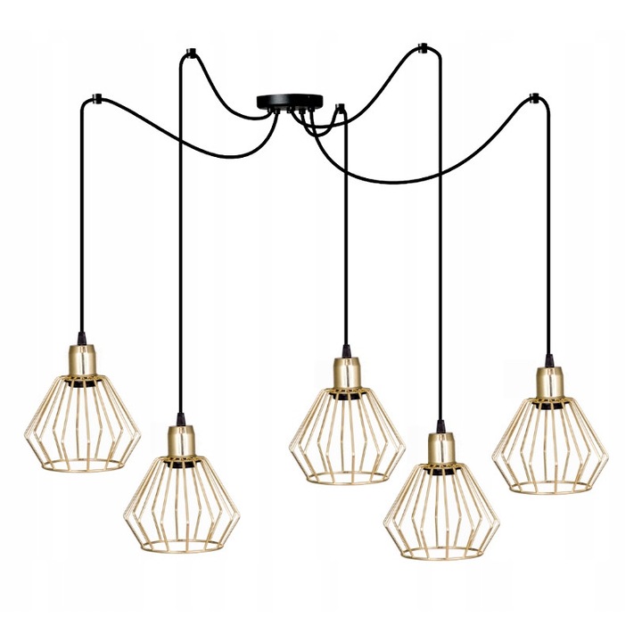 Lustra cu 5 pendule, Komat, Metal, E27, Negru/Auriu