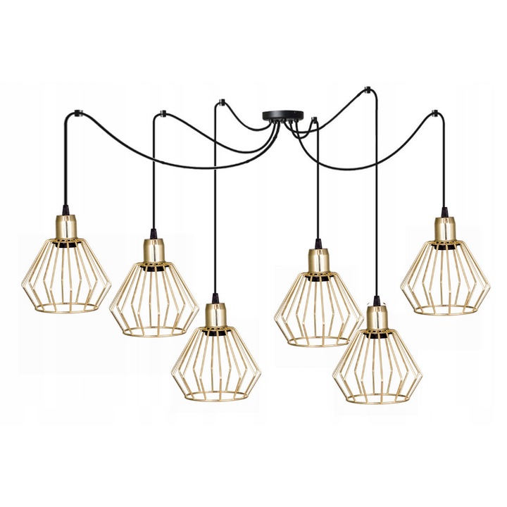 Pendul cu 6 surse lumina, Komat, Metal, E27, Negru/Auriu