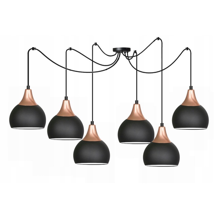 Lustra cu 6 pendule, Komat, Metal, E27, Negru/Auriu