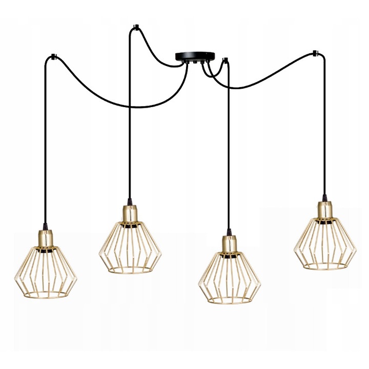Lustra cu 4 pendule, Komat, Metal, E27, Negru/Auriu