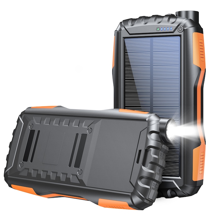 Solar Power Bank, 20000mAh, 10W, 2 USB порта Бързо зареждане, Вградено фенерче, ABS, Оранжев/Черен