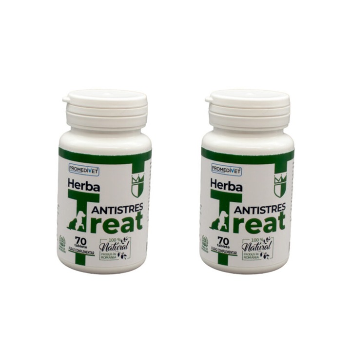 Комплект против стрес Herba Treat Antistress Package подпомага нервната система и психичните функции, като допринася за овладяването на стресови ситуации, 140 таблетки за кучета и котки