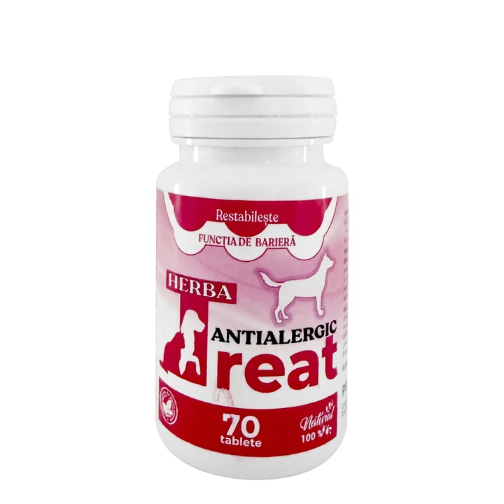 Herba-Treat Antialergic 100% Natural 70 Tablete pentru Caini si Pisici, restabileste functia de bariera. Ajuta la tratarea rinitei si a astmului alergic, Antipruriginos, Antiinflamator, Elimina Reactiile Alergice Alimentare, Eczemele, Urticariile