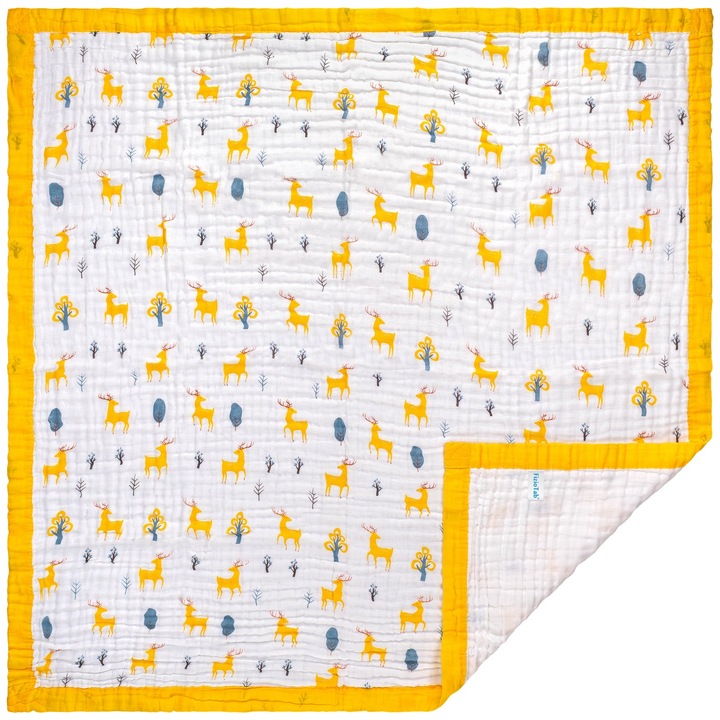 Одеяло FizioTab® за Бебе, Муселин 6 слоя, 110x110 см, от Памук, 0-5 Години, Жълто/Бяло, Модел Еленчета