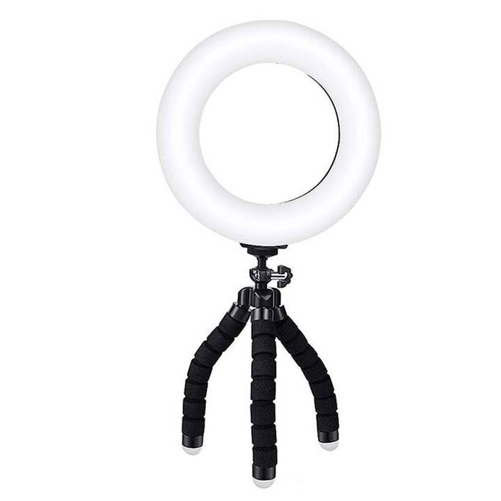 Lampa circulara, oein, 3 moduri de lumina, conectare USB, 16cm/6 inch, cu clama si trepied, Alb
