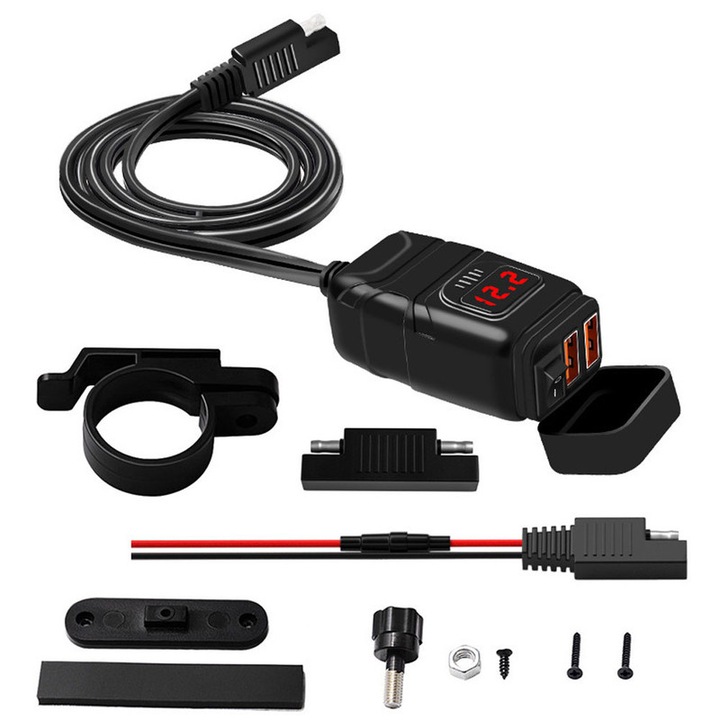 Incarcator telefon dual USB moto, oein, 2 x Porturi USB, 6.8A, pentru Motocicleta/Bicicleta Electrica, Negru