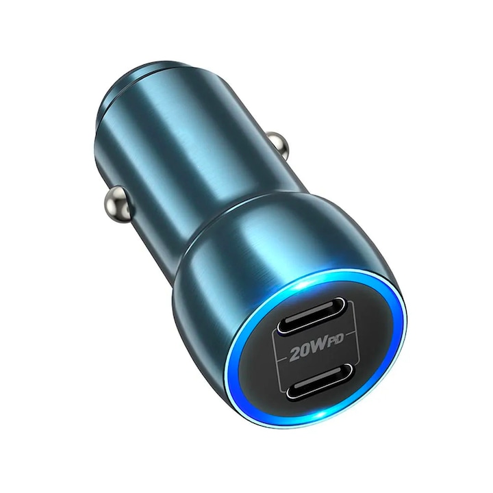 Autós szivargyújtó töltő 2 x USB Type-C, gyors töltés, 40 W, led lámpák, tűzálló polikarbonát, túlmelegedés elleni védelem, kék
