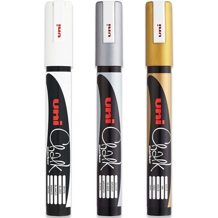 Маркер UNI PWE-5M, течен тебешир, 1,8-2,5 мм, кръгъл връх, комплект 3 цвята