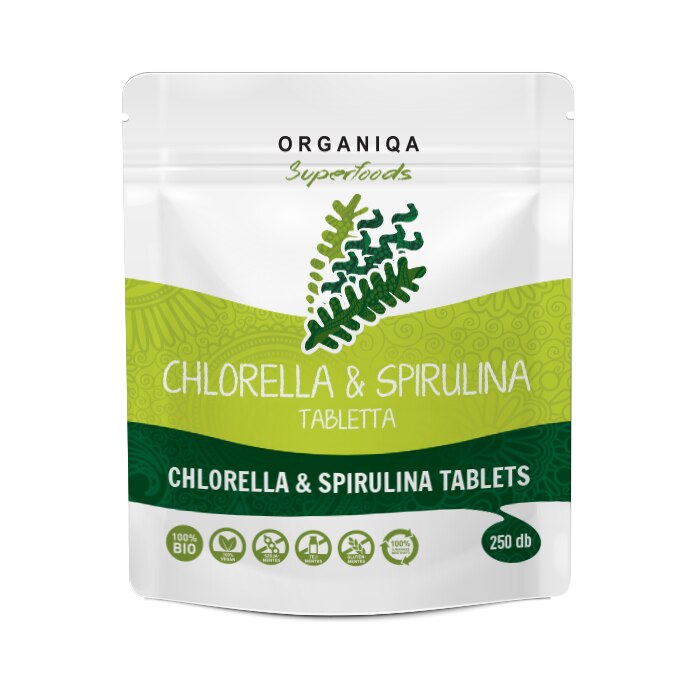 Bio Chlorella és Spirulina tabletta 250 db 500 mg, két alga egyben, Organiqa, klorofill
