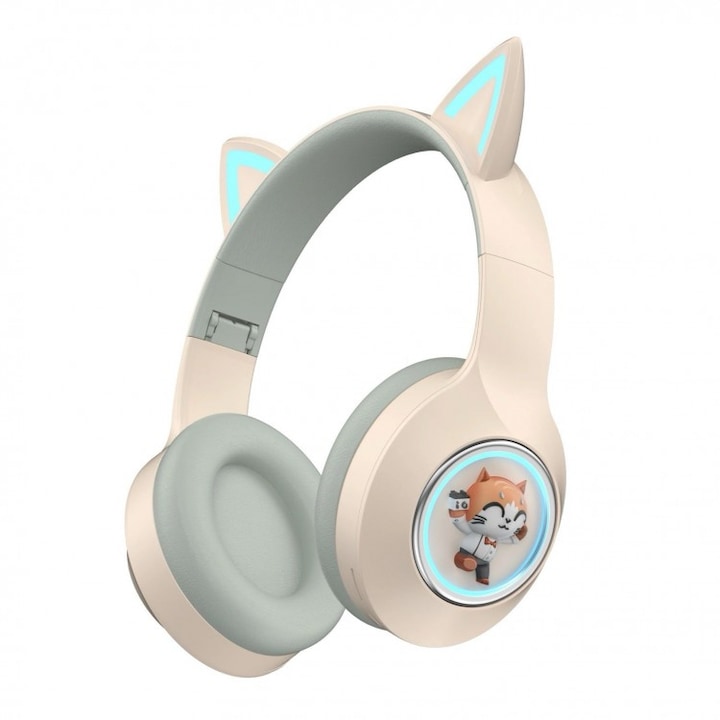 Безжични слушалки с котешки уши с анимационен герой, bluetooth връзка, YDM56, бежов цвят