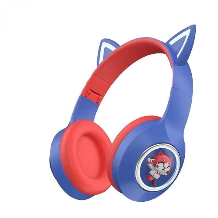 Безжични слушалки с котешки уши с анимационен герой, Bluetooth връзка, YDM56, син цвят