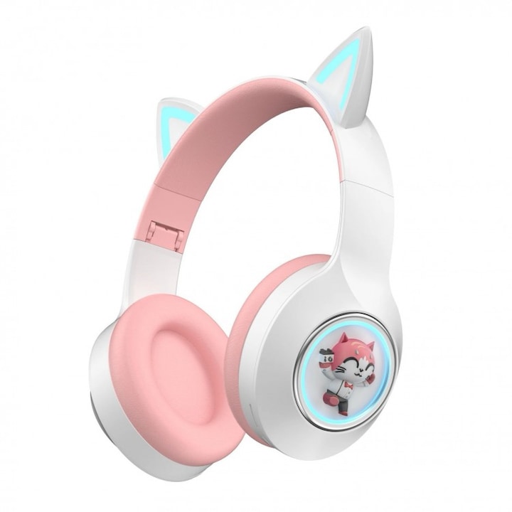 Безжични слушалки с котешки уши с анимационен герой, Bluetooth връзка, YDM56, бял цвят