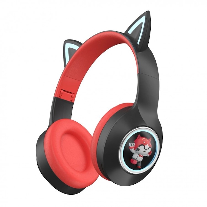 Безжични слушалки с котешки уши с анимационен герой, Bluetooth връзка, YDM56, черен цвят