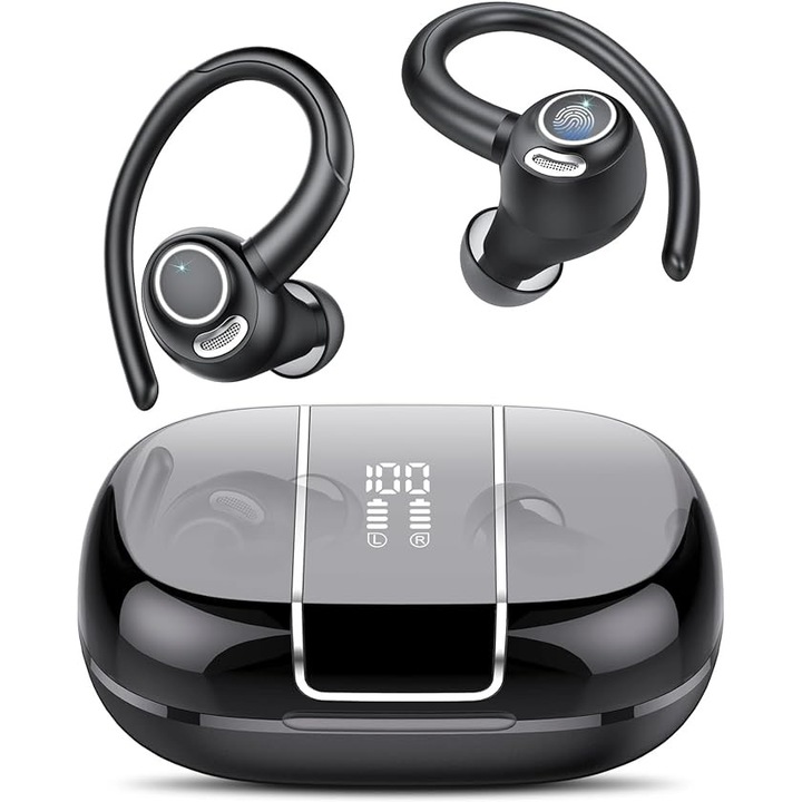 Безжични слушалки Kenoeestar, Bluetooth 5.3, Wireless 5.3 с кука за ухо, 48 часа 3D стерео CVC 8.0 HD разговор в ушите с микрофон, IPX7 водоустойчив, LED дисплей, слушалки за сензорно управление, джогинг, черни