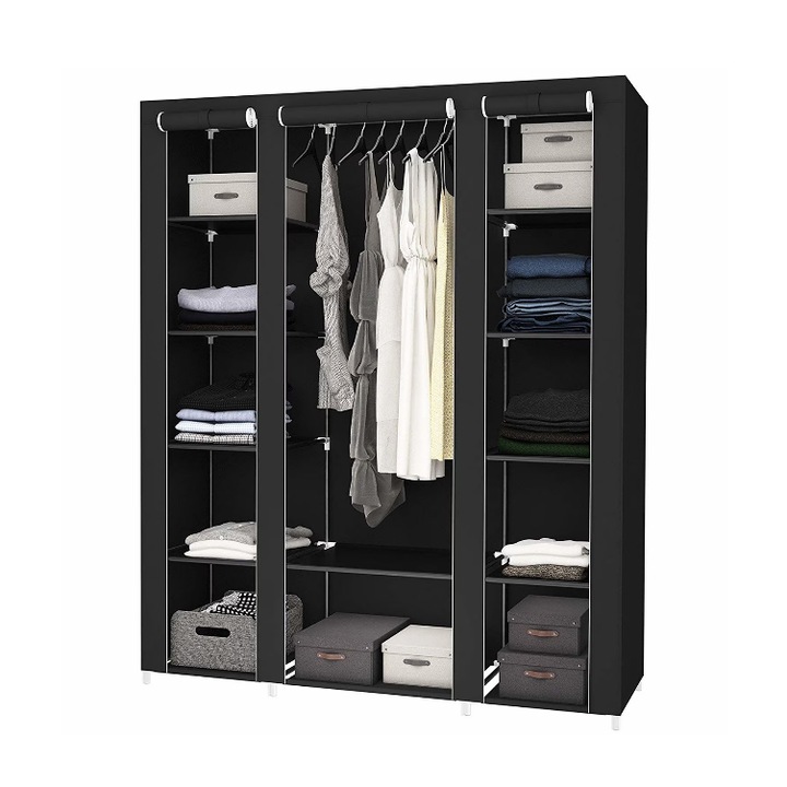 Текстилен гардероб за дрехи и обувки, 12 рафта и бар за закачалки, 3 места за съхранение със собствени врати, масивна стоманена рамка, затваряне с цип, водоустойчив, лесен монтаж, размери 45x135x170 см черен