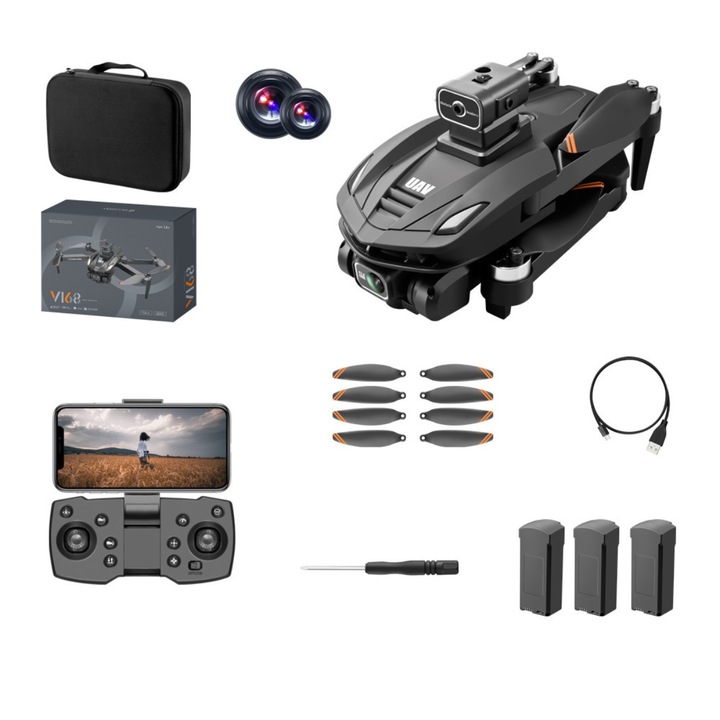 Дрон, ATOMKIT, модел V168 PRO MAX, двойна камера 8k, автоматично GPS връщане, 30x30x7 см, черен