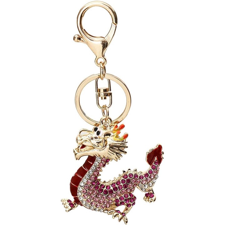Jormftte kulcstartó, sárkány dizájn strasszokkal, tartós ötvözet, 5,5x5,5 cm, arany