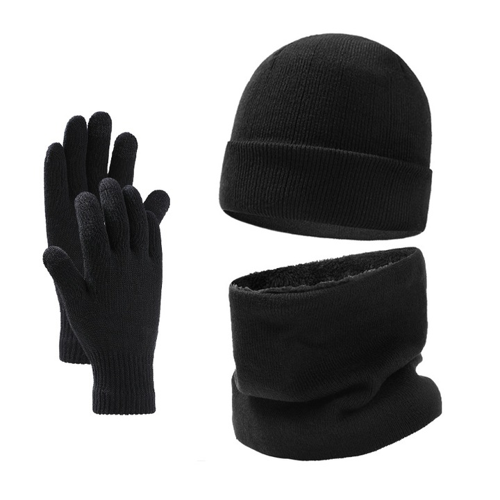 Set de iarna pentru barbati, caciula tricotata, fular si manusi, captuseala din fleece, negru