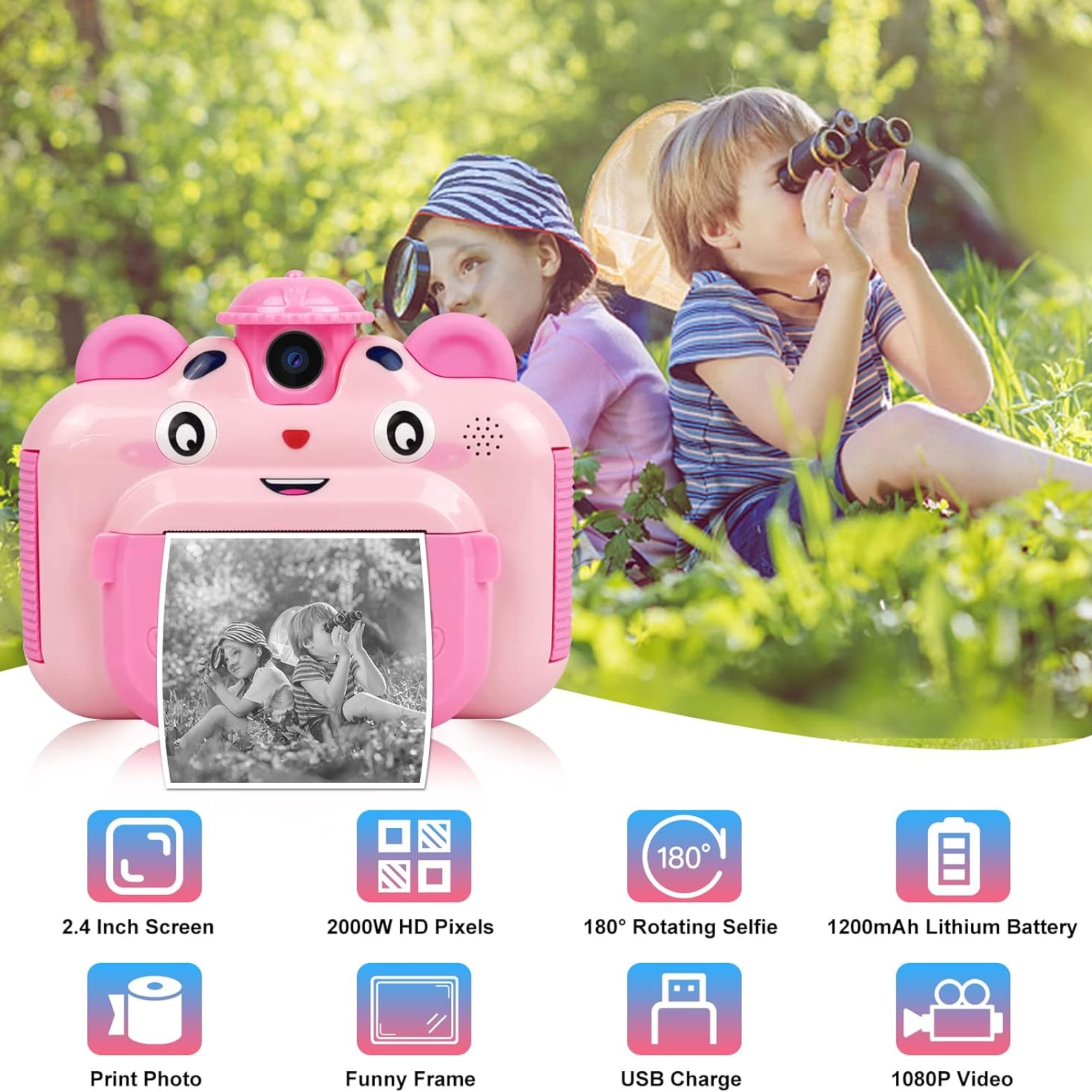 Детски фотоапарат, 12MP, Цифров, За незабавен печат с 1080P видеокамера ...