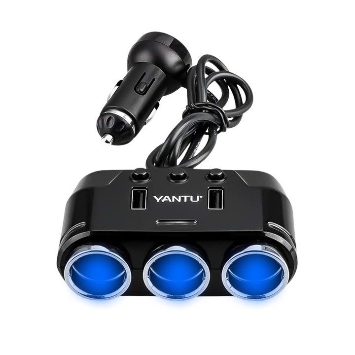 Adaptor pentru bricheta, Yantu B39, 12V/24V, Intrebuintari multiple, Incarcator auto, Splitter cu 3 cai, 2 porturi pentru incarcator USB, Afisaj tensiune de incarcare rapida, Comutator independent pentru vehicule, Negru