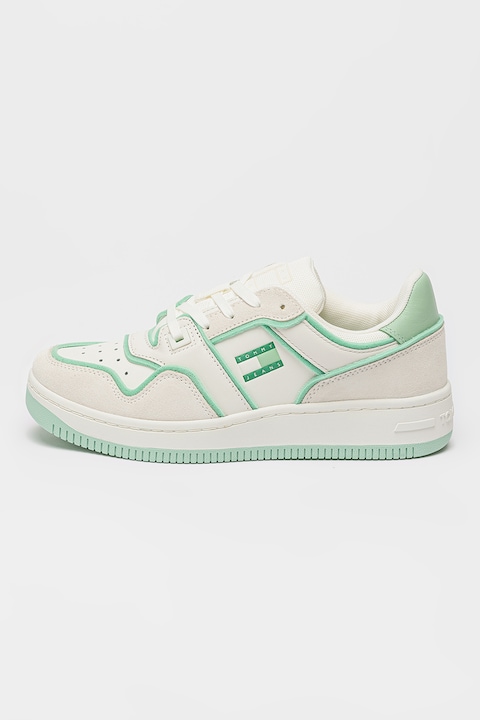Tommy Jeans, Pantofi sport de piele si piele intoarsa, Alb murdar/Verde menta