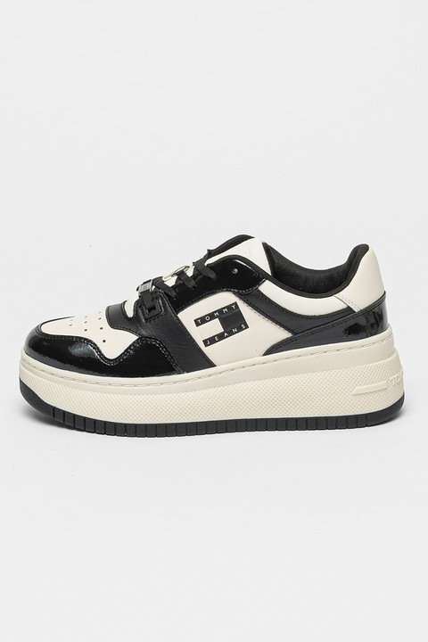 Tommy Jeans, Pantofi sport wedge de piele cu garnituri contrastante, Alb/Negru