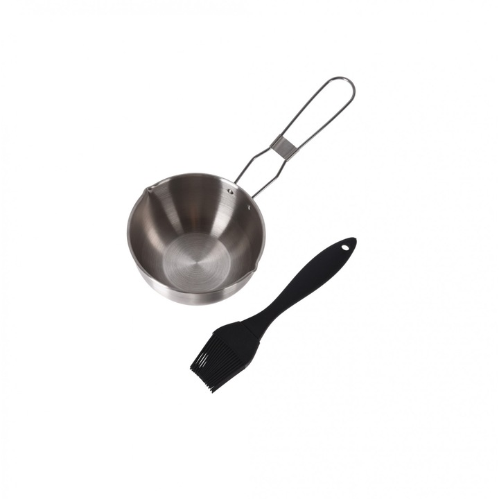 Set sosiera si pensula Vaggan, metal/silicon, 11.5x6.3 cm, negru/argintiu