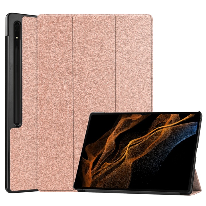 Защитно покритие flip cover за таблет съвместим с Samsung Galaxy Tab S8 Ultra/S9 Ultra, FoldPro, екологична кожа, с блясък, Розово златист