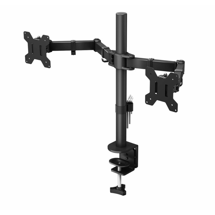 Suport de montare pentru monitor dublu, pentru birou, inaltime reglabila, reglare fluida a unghiului de vizualizare, rotatie de 360 ​​de grade, tine 2 ecrane, pana la 27 inchi, WALALLA, negru