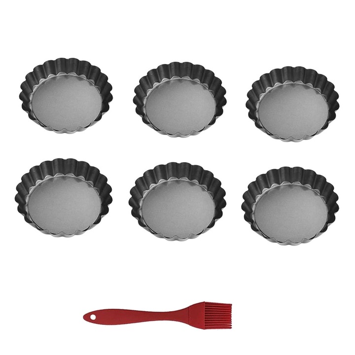 Forma tip cosulet pentru savarine, NUODWELL, 6 bucati, Cu pensula, otel carbon, antiaderent, fund detasabil, usor de eliberat, lavabil si reutilizabil, negru