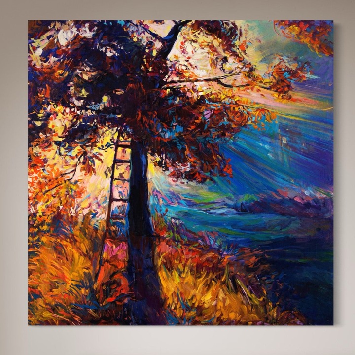 Премиум Канава Картина, LuxCanva® C1001, Дърво на изгрев, 100 X 100 СМ, 100% Памучно платно 400гр/м2, Дървена рамка, Всекидневна, Стълбище, Листа, Небе, Спалня, Ярки цветове