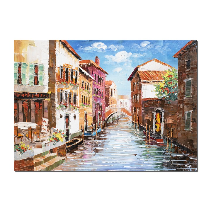 Tablou pictat manual living, hol, birou, dormitor, La Venetia 70x50cm ulei pe panza in cutit efect 3D, gata de expus pe perete